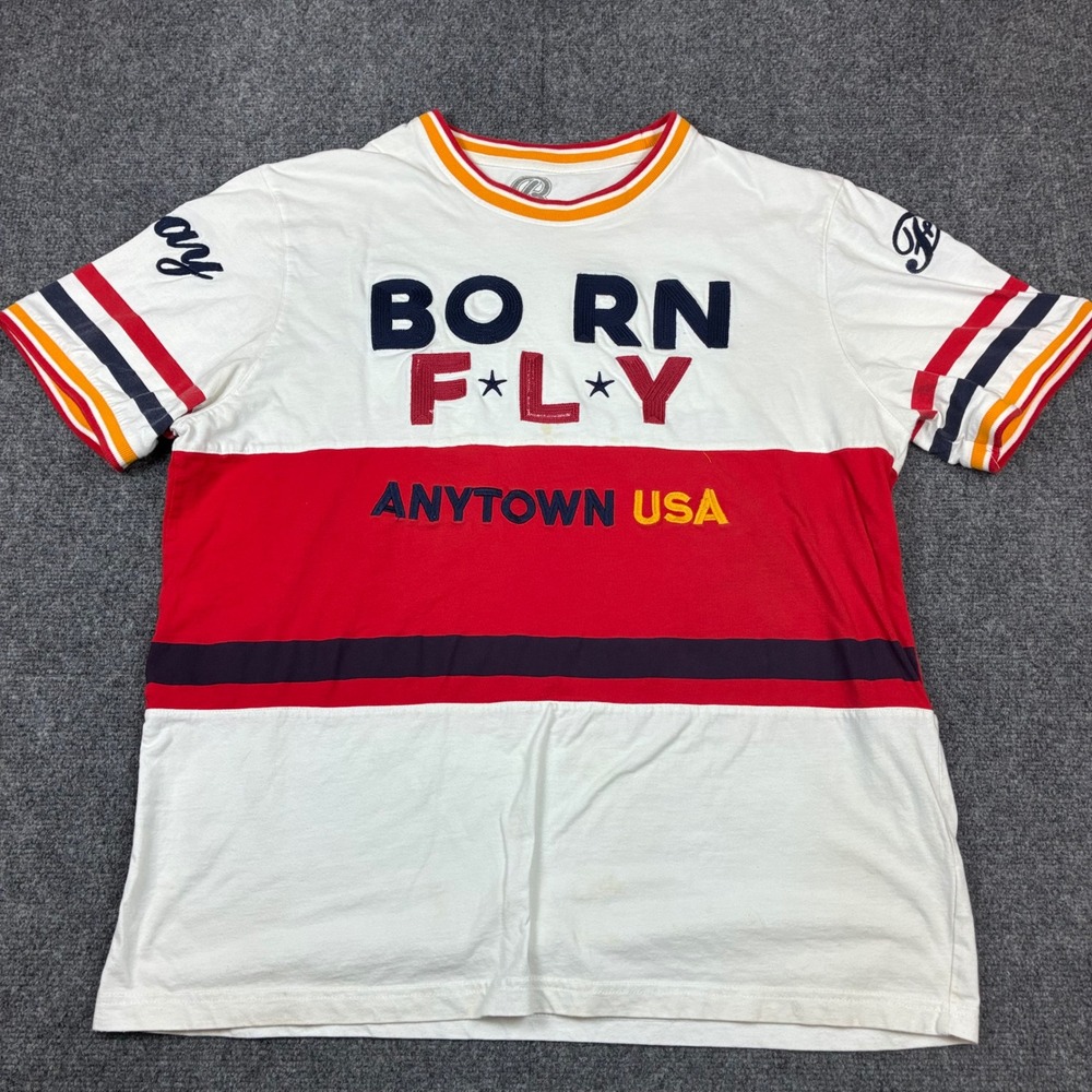 Born Fly Anytown USA T-Shirt Mens XL White Red Blue Colorblock Short Sleeve Tee